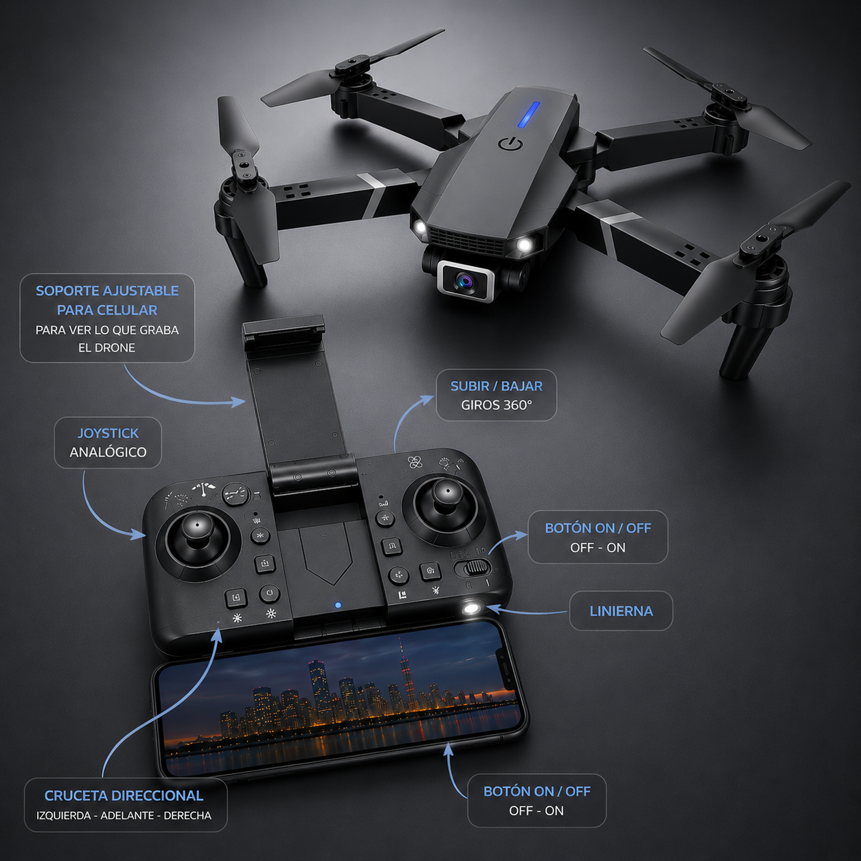 DRONE mdPRO™  con Cámara HD y Control para Celular