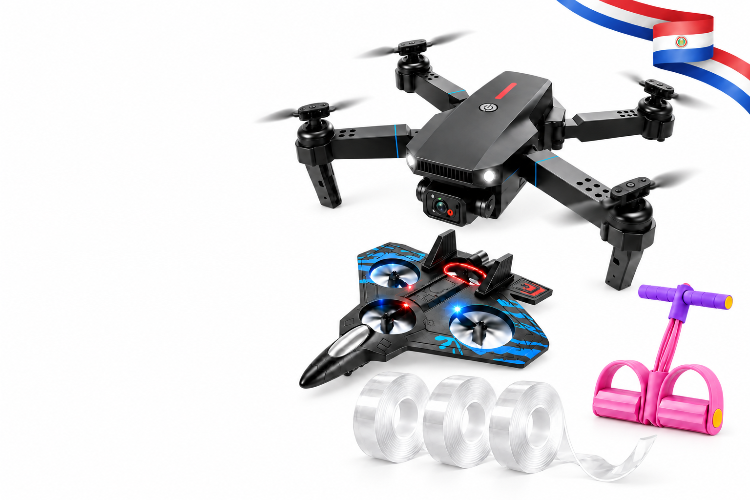 Dron, avión RC, banda de ejercicio y tres cintas Nano Tape transparentes
